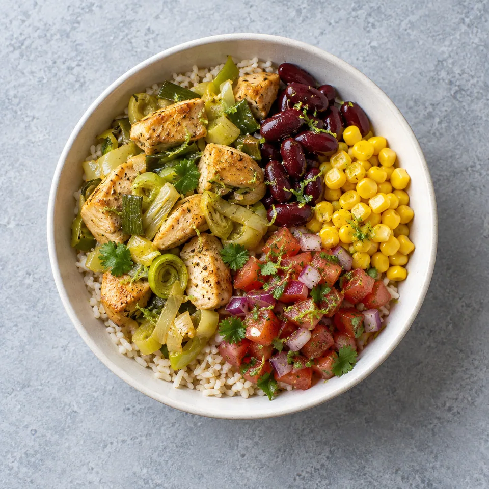 Bowl burrito au poulet et poireaux : riz, poulet, poireaux, haricots rouges, maïs et salsa de tomates dans un bol.