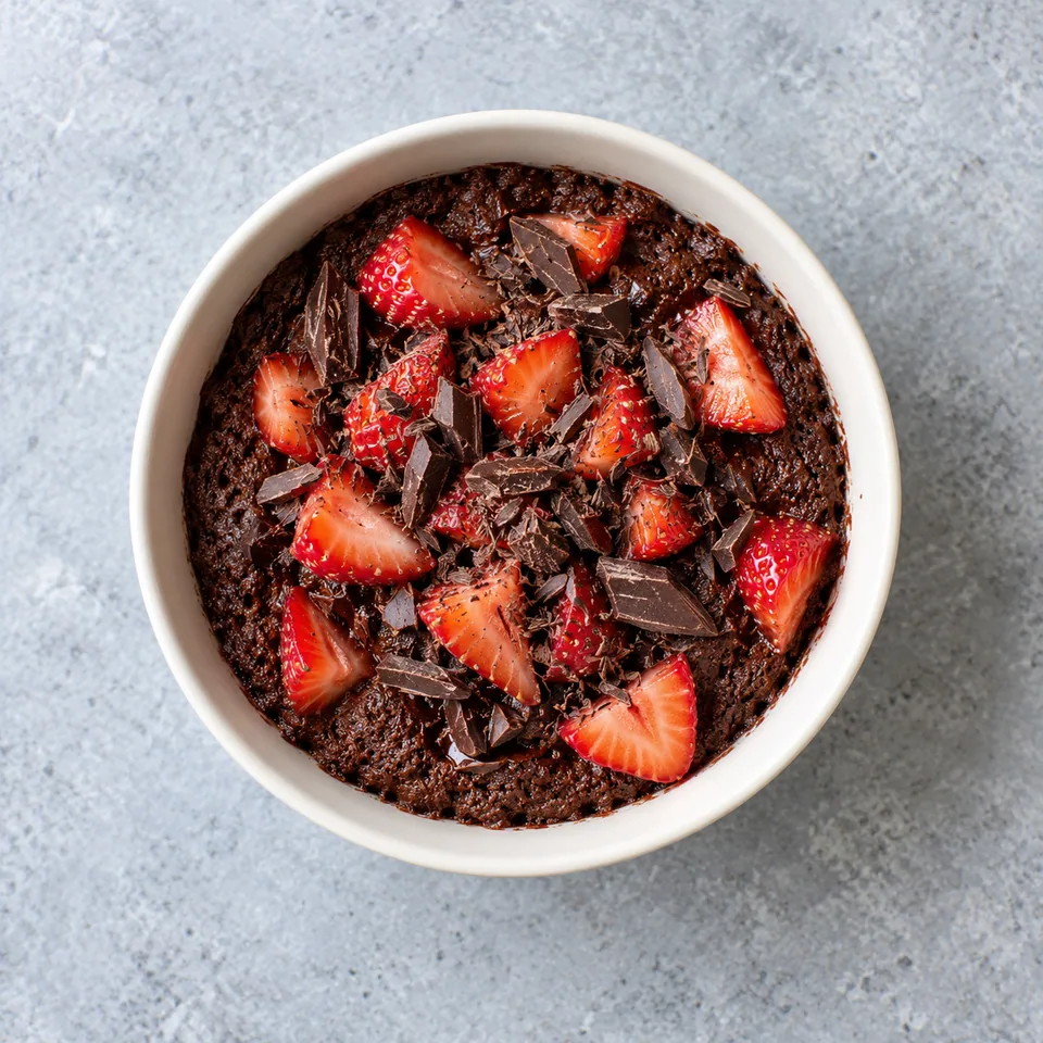 Bowl cake chocolat et fraises : cake brun dans un bol, garni de copeaux de chocolat et de dés de fraises rouges.
