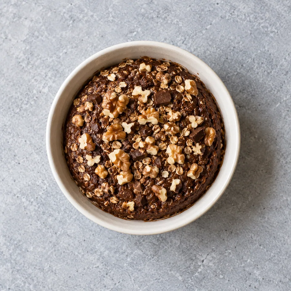 Bowl cake au chocolat et muesli dans un bol, parsemé de noix concassées