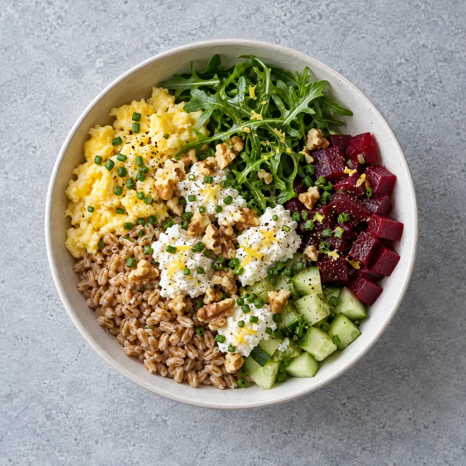 Bowl d’épeautre, ricotta et betterave : épeautre, œufs brouillés, roquette, dés colorés, ricotta et noix.