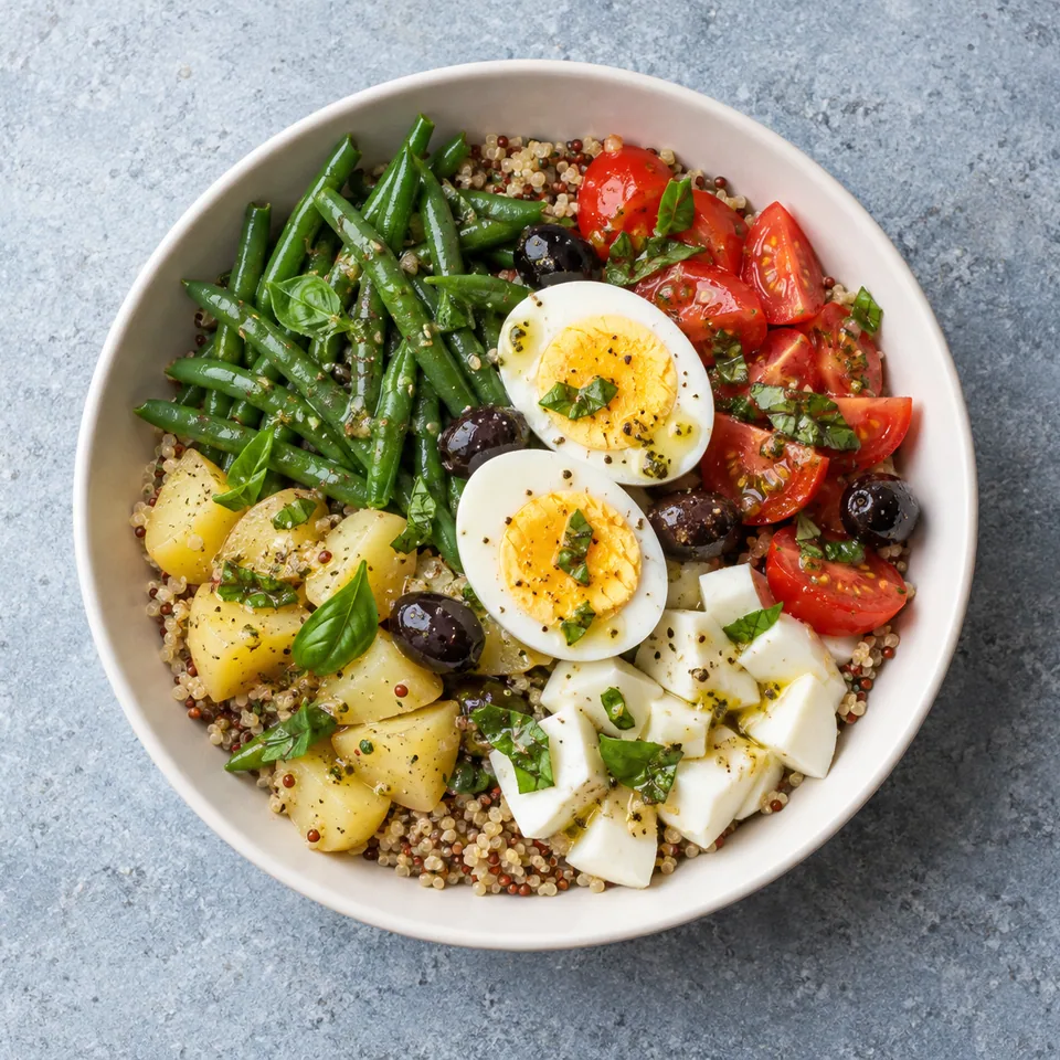 Bowl d’œufs façon niçoise : œufs durs en moitiés, quinoa, pommes de terre, haricots verts, tomates, blancs cuits et olives noires.