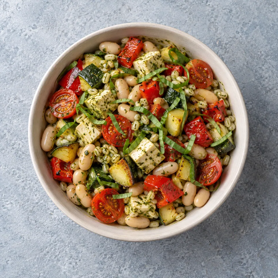 Bowl d’orge aux haricots blancs, tofu au pesto, dés de courgette et poivron rôtis, demi-tomates cerises et basilic.