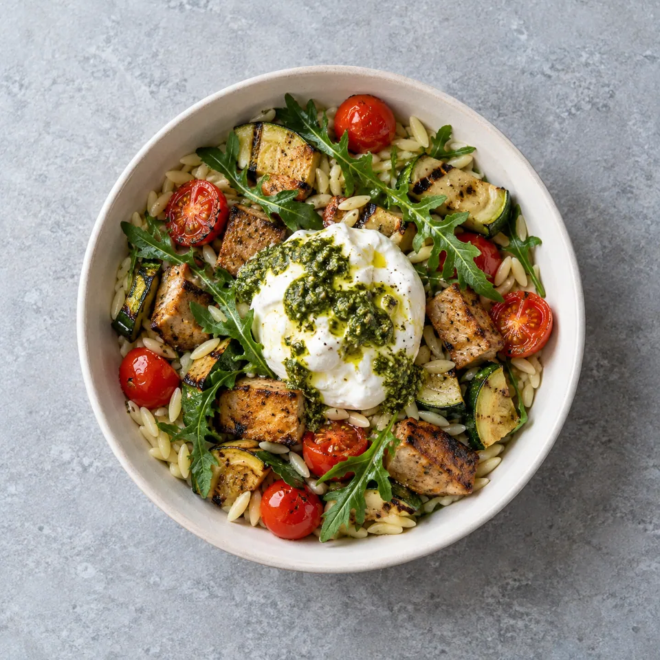 Bowl d’orzo, burrata et légumes grillés : orzo, courgette, tomates rouges, seitan doré, roquette et burrata au pesto vert.