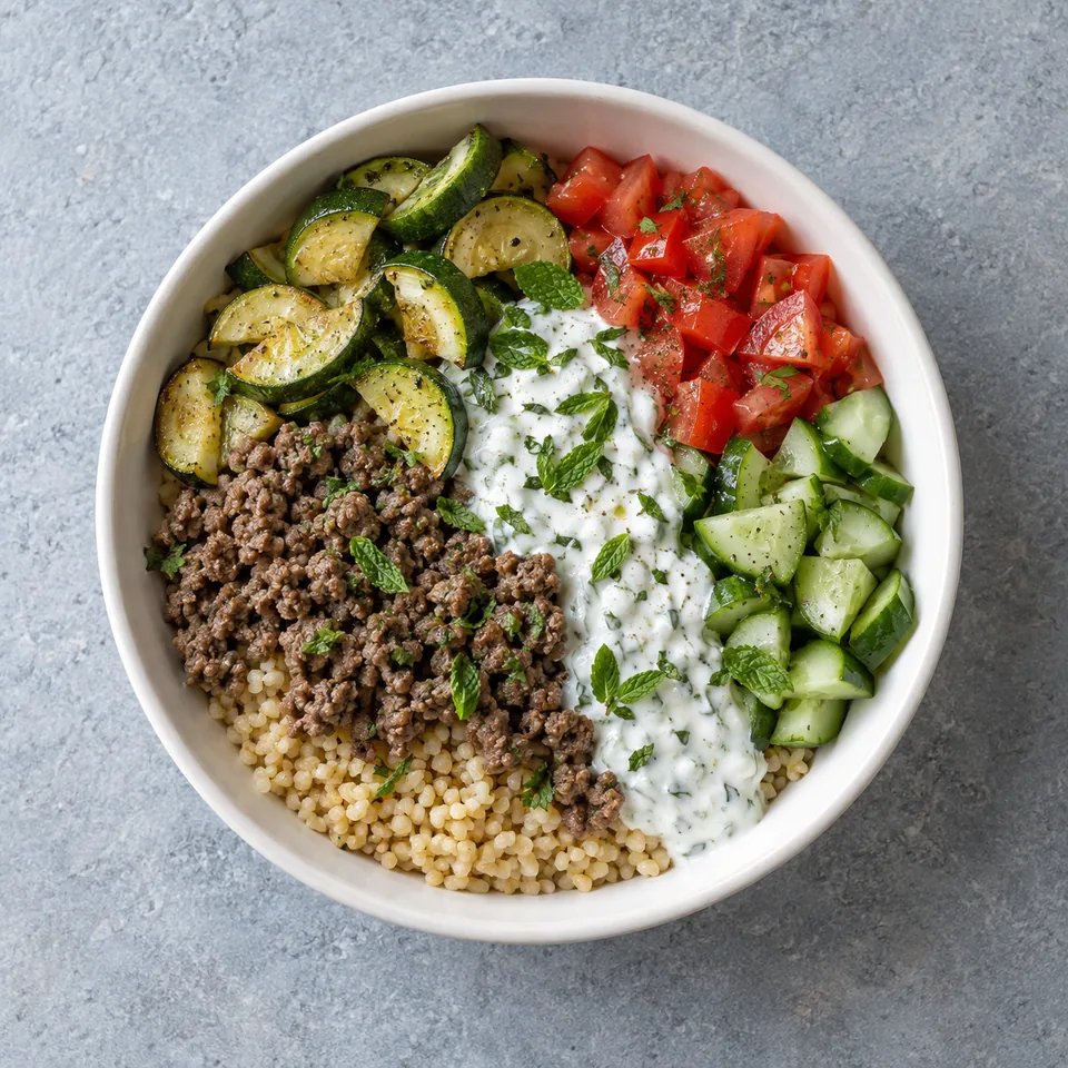 Bowl de bœuf au boulgour et sauce menthe : grains dorés, viande émiettée, courgette, tomate, concombre et sauce blanche.