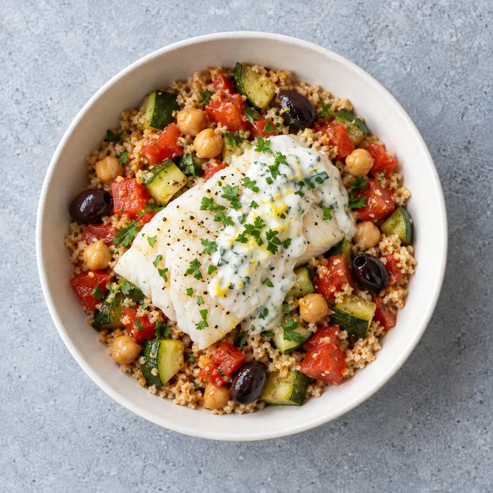 Bowl de cabillaud à la provençale : poisson blanc, semoule, courgette, tomate, pois chiches, olives noires et sauce au persil.