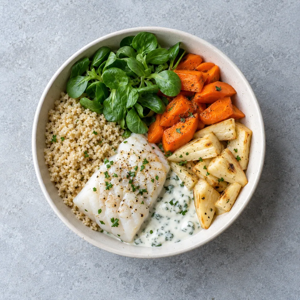 Bowl de cabillaud aux légumes racines : poisson blanc, semoule beige, carottes orange, panais ivoire, mâche et sauce au persil.