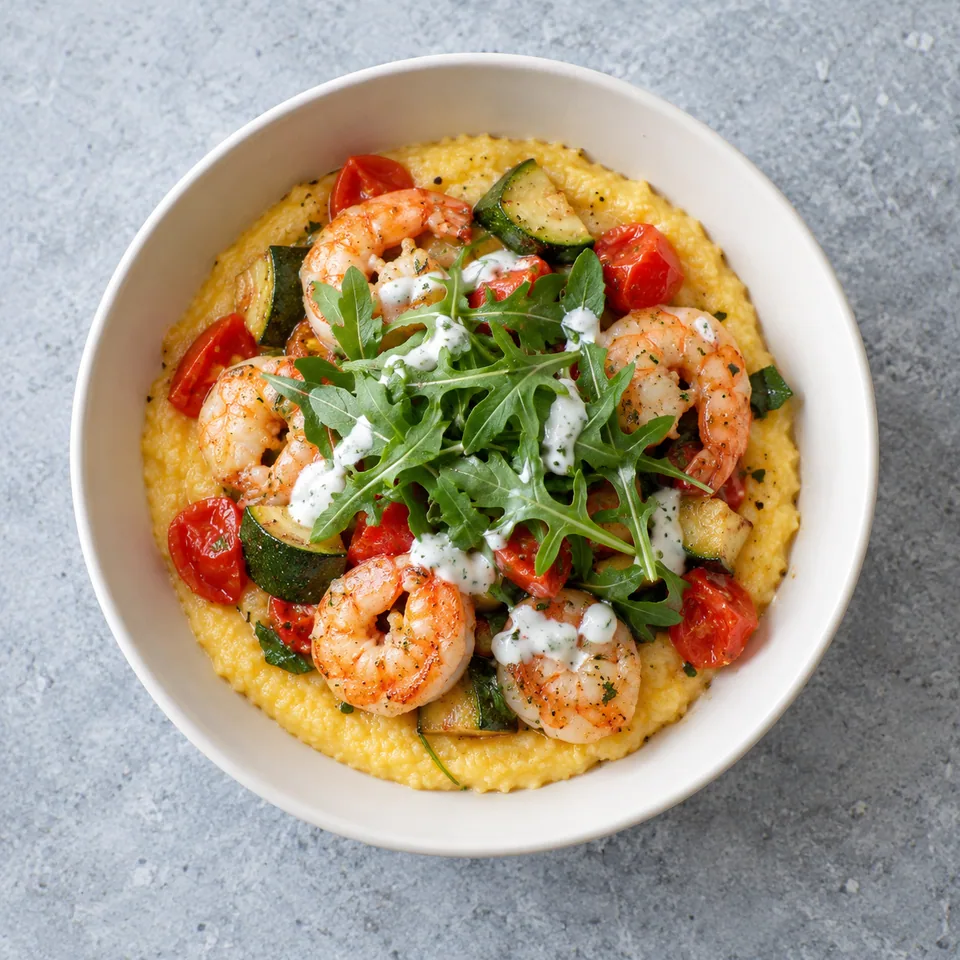 Bowl de crevettes à la polenta : base jaune, crevettes roses, courgettes vertes, tomates rouges, roquette et sauce blanche.