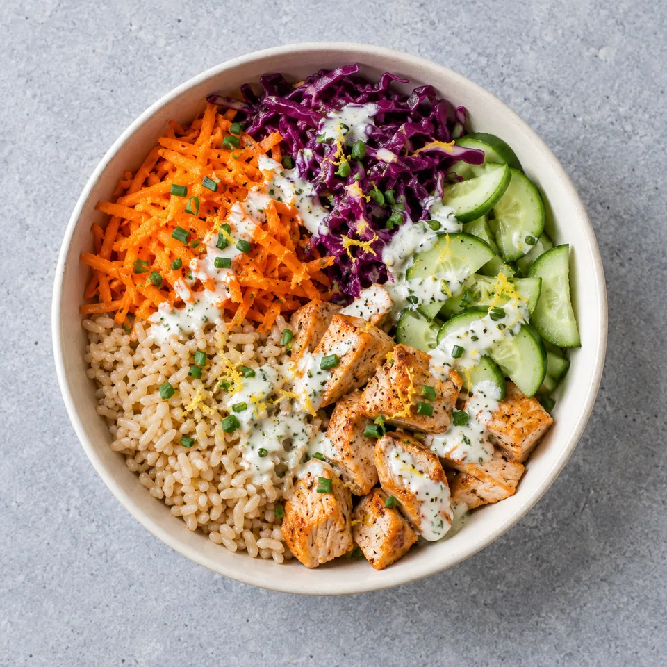 Bowl de dinde aux légumes croquants : riz complet, dinde dorée, carotte râpée, chou violet, concombre et sauce à la ciboulette.