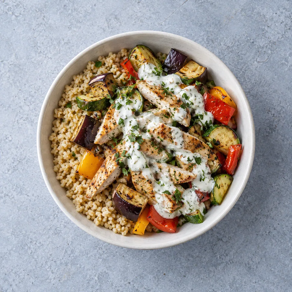 Bowl de dinde aux légumes grillés : boulgour, dinde émincée et légumes dorés, nappés de sauce blanche au persil.