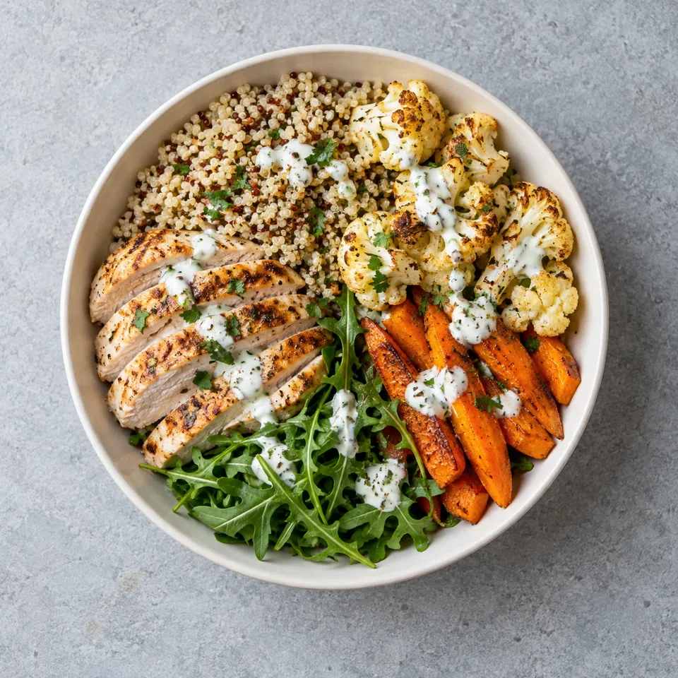 Bowl de dinde, quinoa et chou-fleur rôti : portion individuelle avec carottes, roquette et sauce blanche au persil.