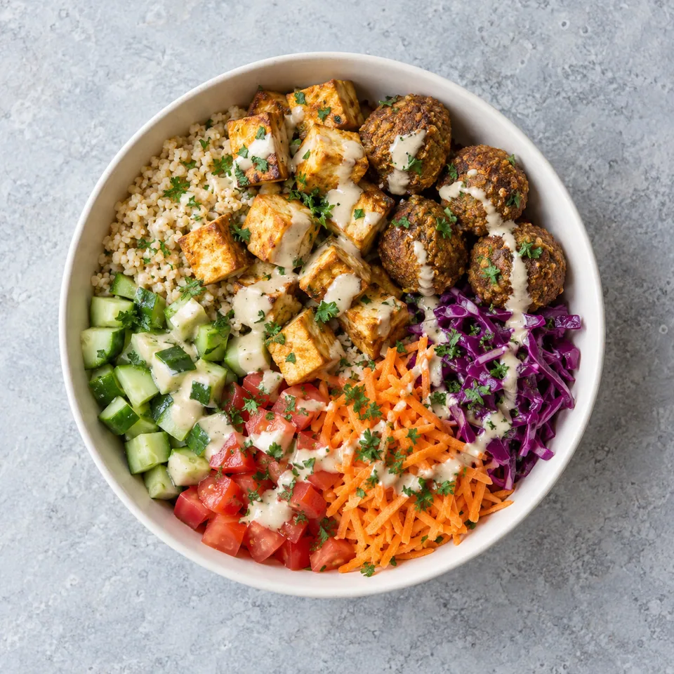 Bowl de falafels et crudités : semoule, tofu doré, crudités vertes, rouges, orange et violettes, sauce beige et persil.