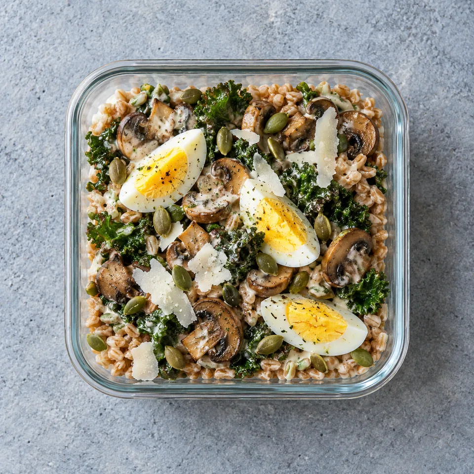 Bowl de farro, champignons et œuf dur dans un contenant en verre, vu de dessus.