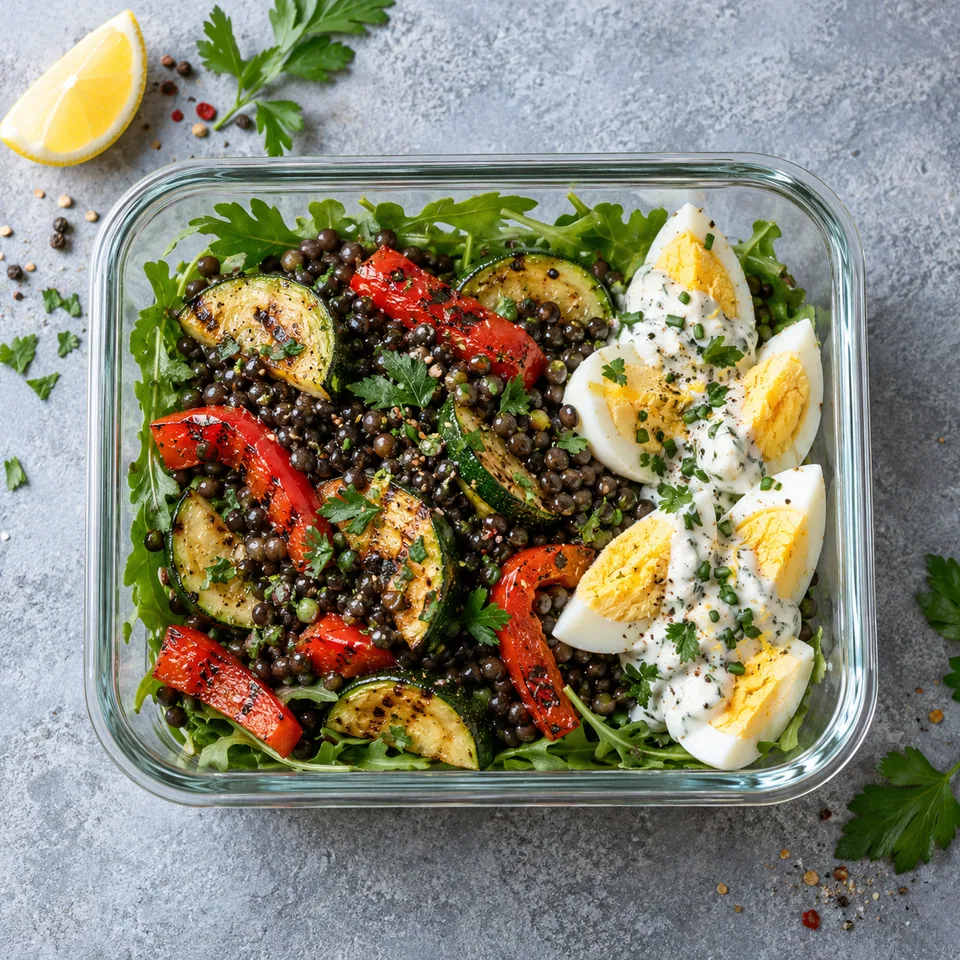 Bowl de lentilles beluga, œufs durs et légumes grillés servi dans un contenant en verre, vue de dessus.