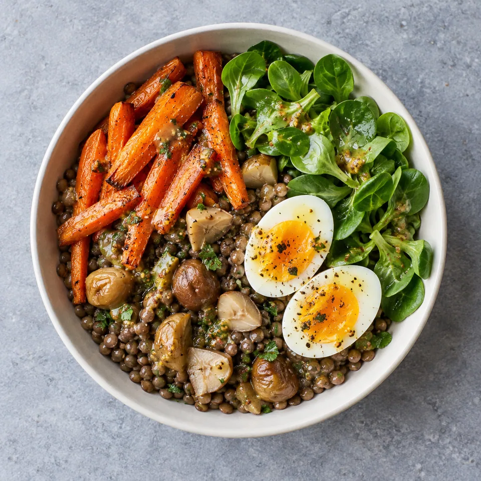 Bowl de lentilles, châtaignes et carottes avec mâche, carottes rôties et œufs durs nappés de vinaigrette.