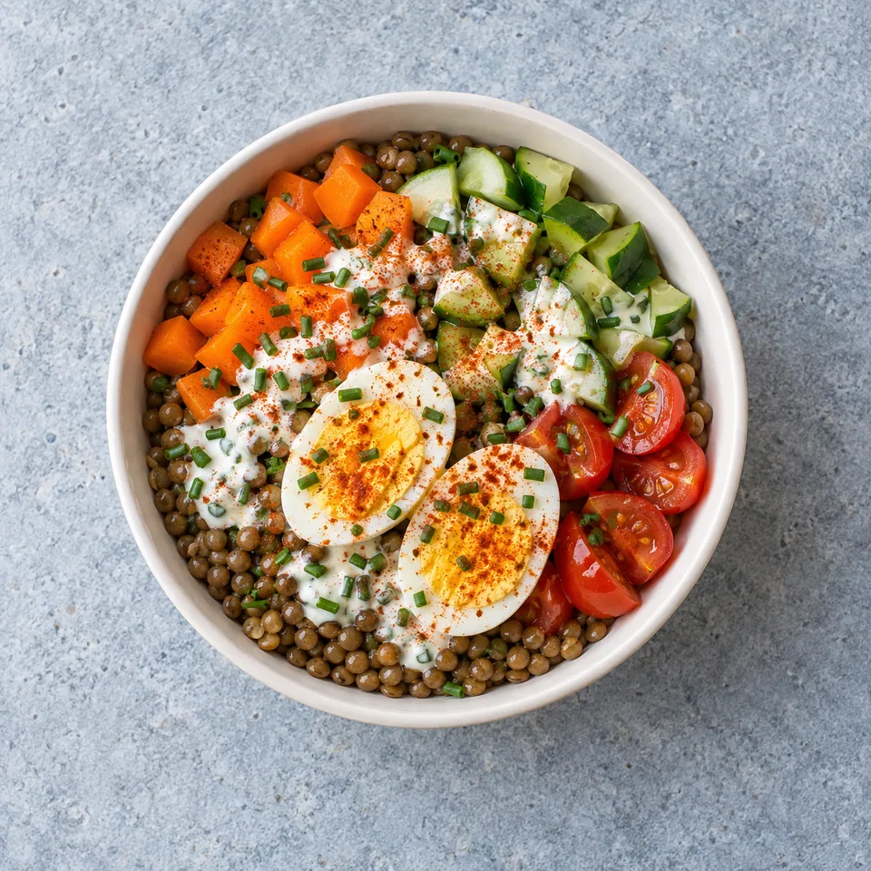 Bowl de lentilles et œufs durs : crudités orange, vertes et rouges, deux moitiés d’œuf, sauce au yaourt et ciboulette.