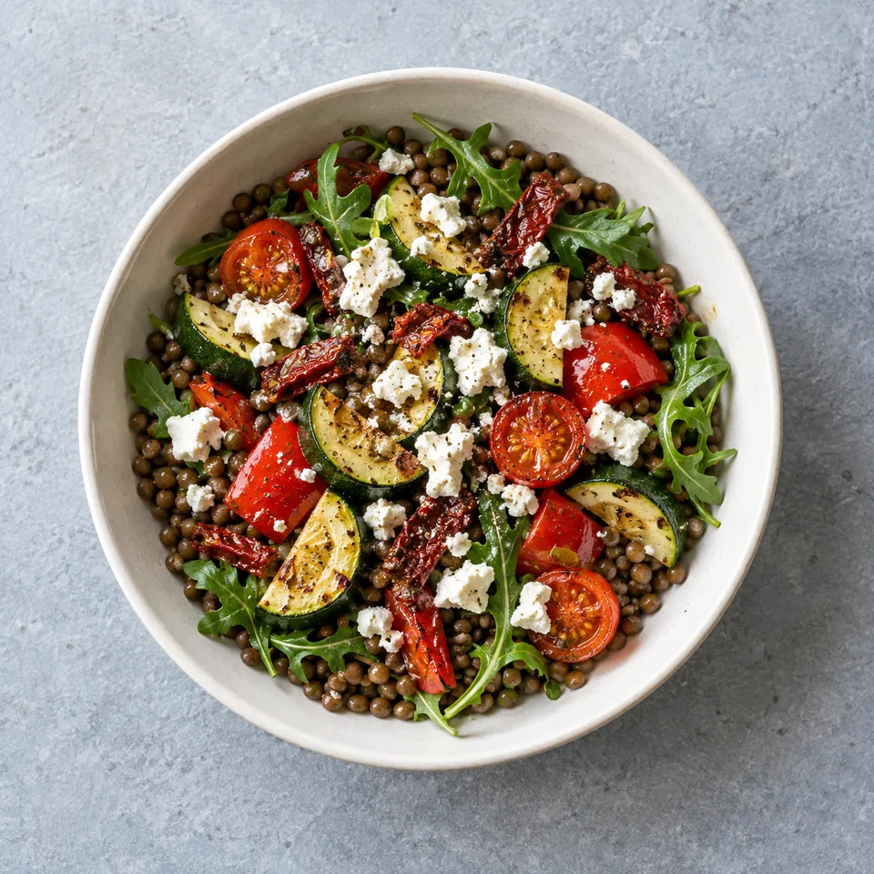 Bowl de lentilles, feta et légumes rôtis : lentilles sur roquette, courgette dorée, poivron et tomates rouges, feta émiettée.