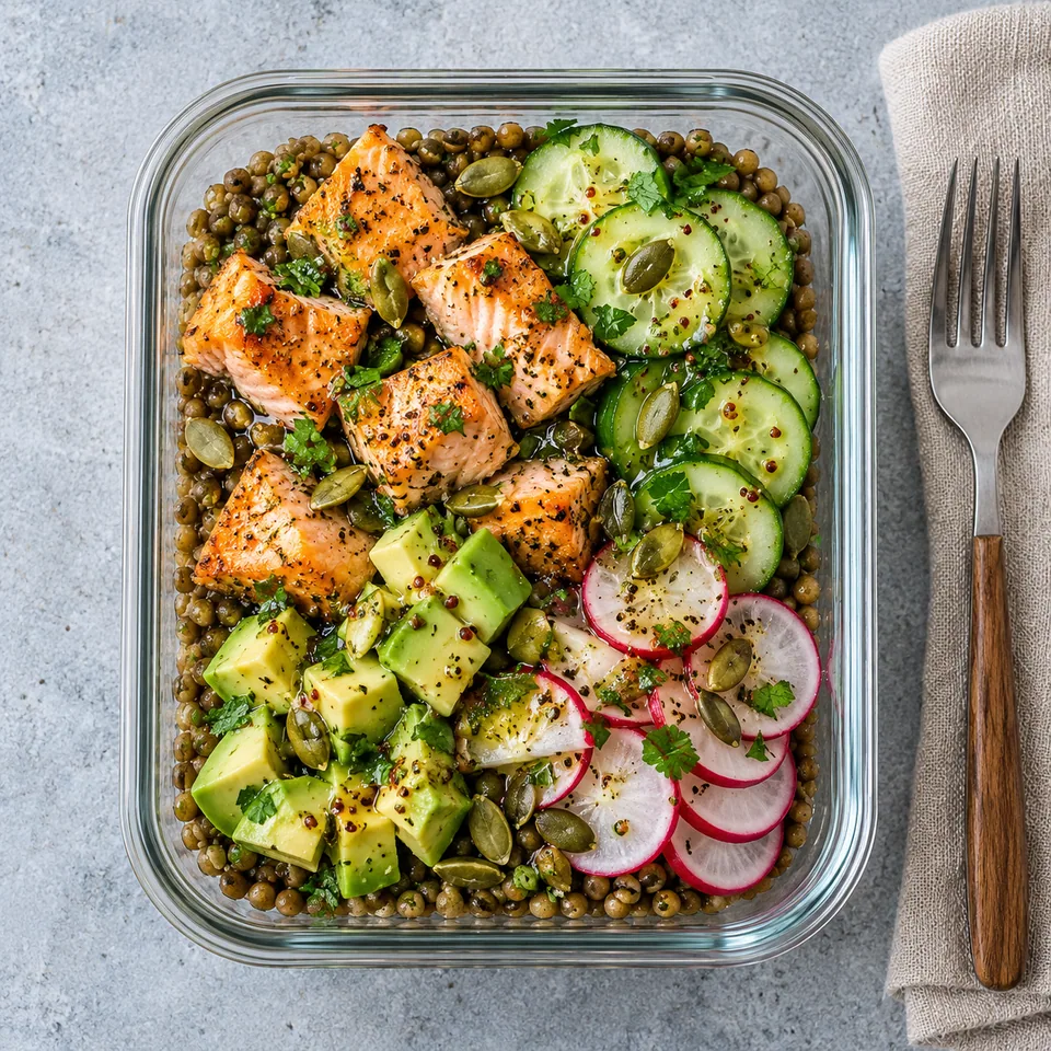 Bowl de lentilles vertes, saumon rôti, avocat et concombre
