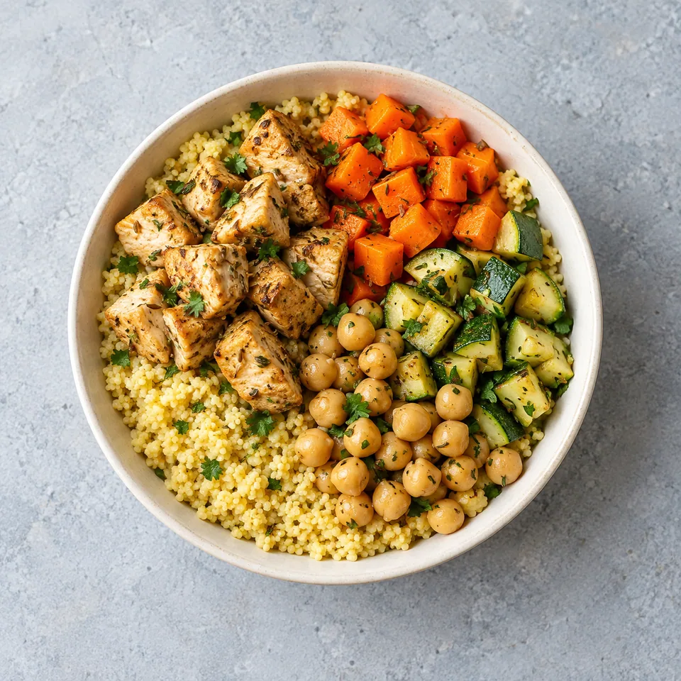 Bowl de millet, poulet et légumes au cumin : millet, dés de poulet, carottes, courgette et pois chiches dans un bol.