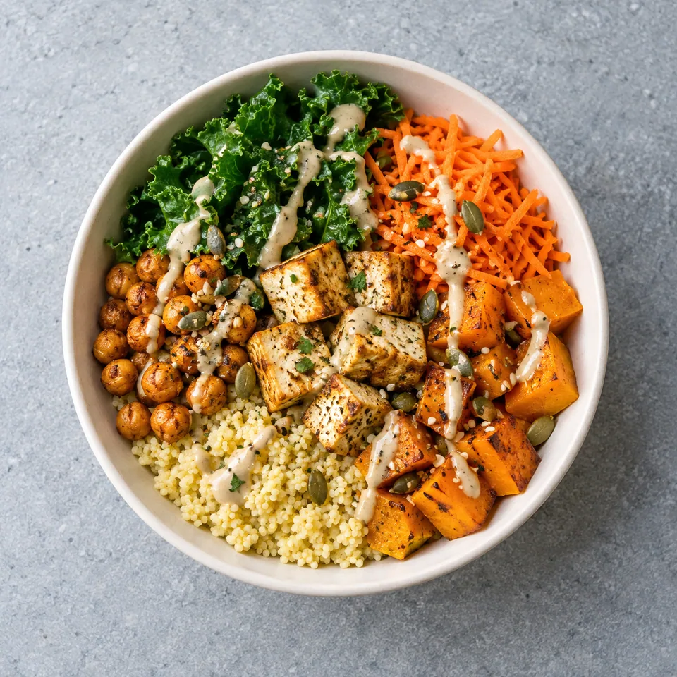 Bowl de pois chiches, kale et courge : millet, tofu doré, courge orange, kale vert et carotte râpée, sauce tahini beige.