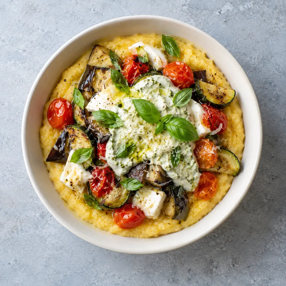 Bowl de polenta crémeuse avec légumes rôtis, mozzarella, crème blanche au pesto et basilic frais.