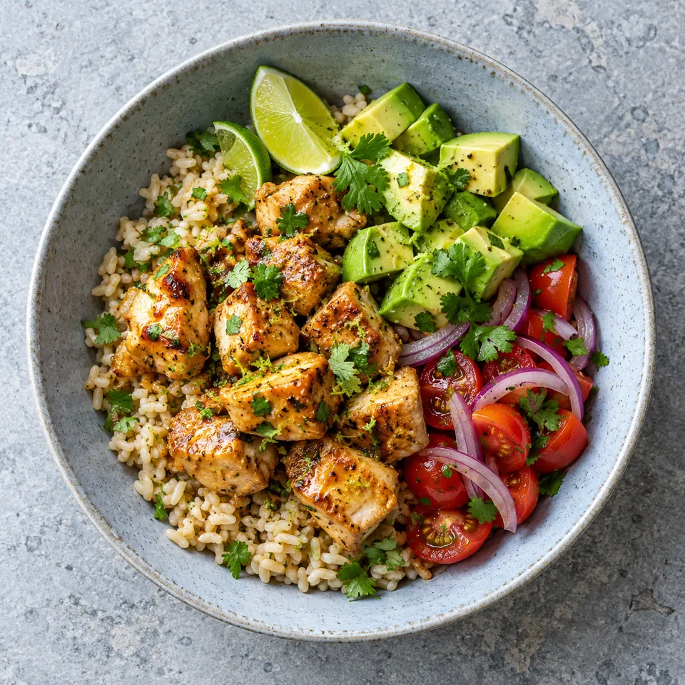Bowl de poulet au citron vert, riz à la coriandre : riz, poulet doré, avocat et tomates dans une assiette grise.