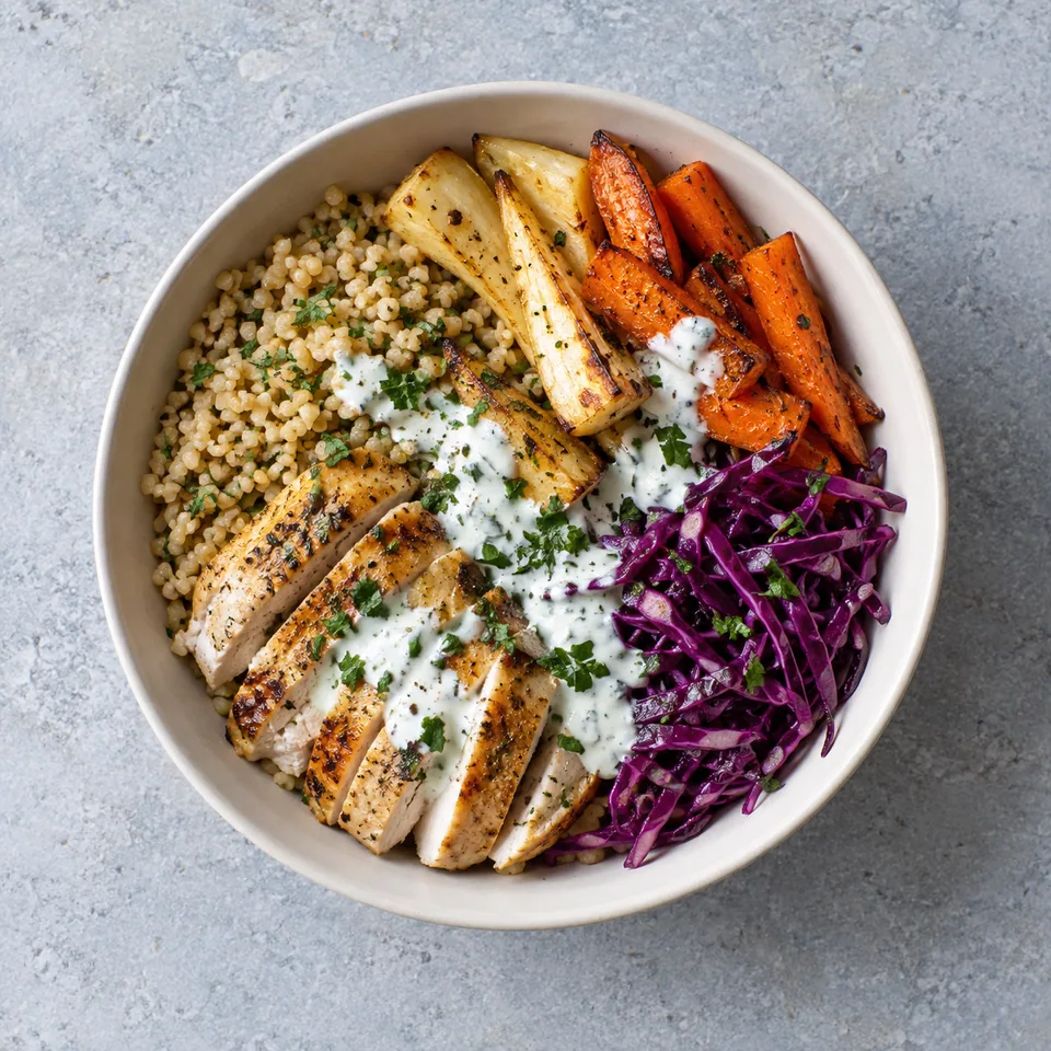 Bowl de poulet au panais rôti : boulgour, légumes dorés, chou rouge émincé et sauce blanche au persil, disposés en quartiers.