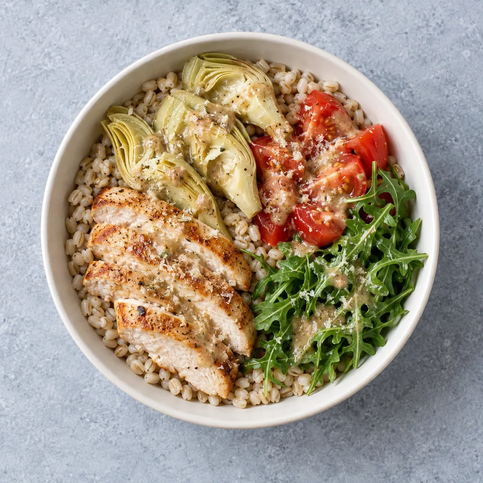 Bowl de poulet aux artichauts : orge, poulet doré en lanières, artichauts en quartiers, tomates rouges et roquette, vinaigrette.