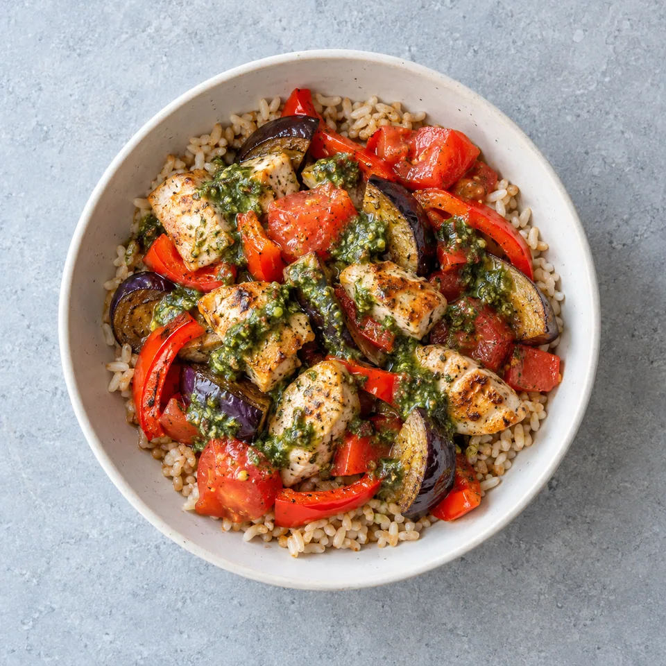 Bowl de poulet aux légumes du soleil : riz complet, poulet doré, aubergine, poivron et tomates en morceaux, nappés de pesto vert.