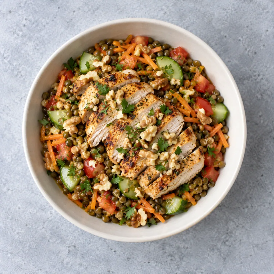 Bowl de poulet aux lentilles : lamelles grillées sur lentilles, carotte râpée, concombre et tomates, avec noix et persil.