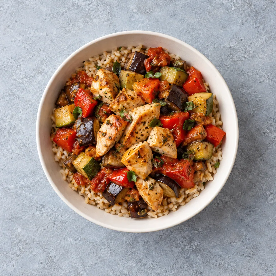 Bowl de poulet façon ratatouille : riz complet, poulet doré et légumes colorés en dés dans un bol.