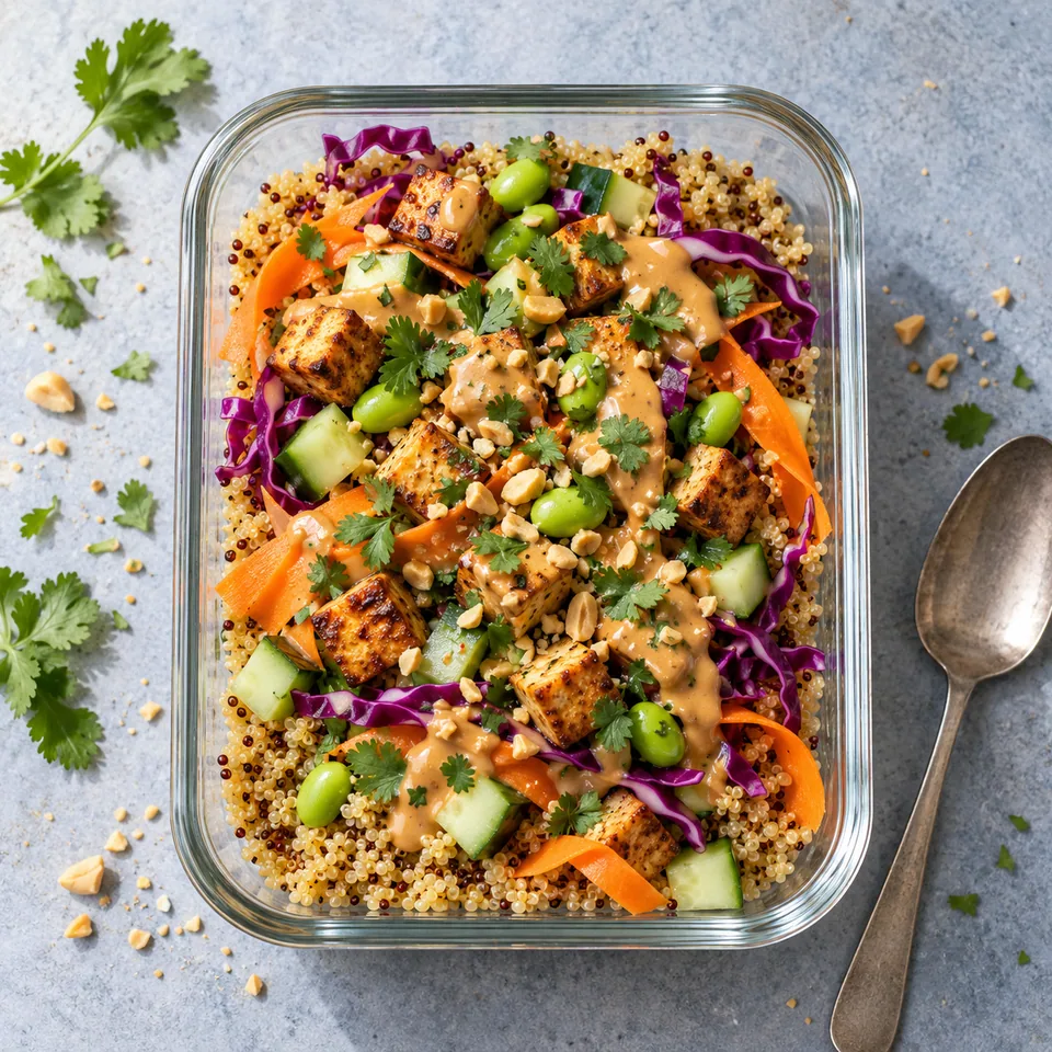Bowl de quinoa, tofu fumé et sauce cacahuète : quinoa, légumes colorés, tofu doré et edamame dans un bol en verre, nappés de sauce.