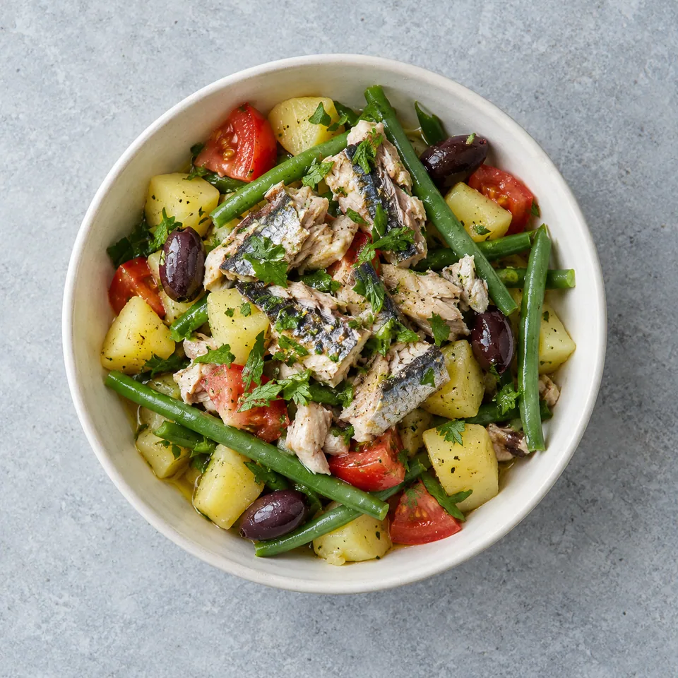 Bowl de sardines, pommes de terre et haricots verts : légumes mélangés, olives noires et sardines émiettées sur le dessus.