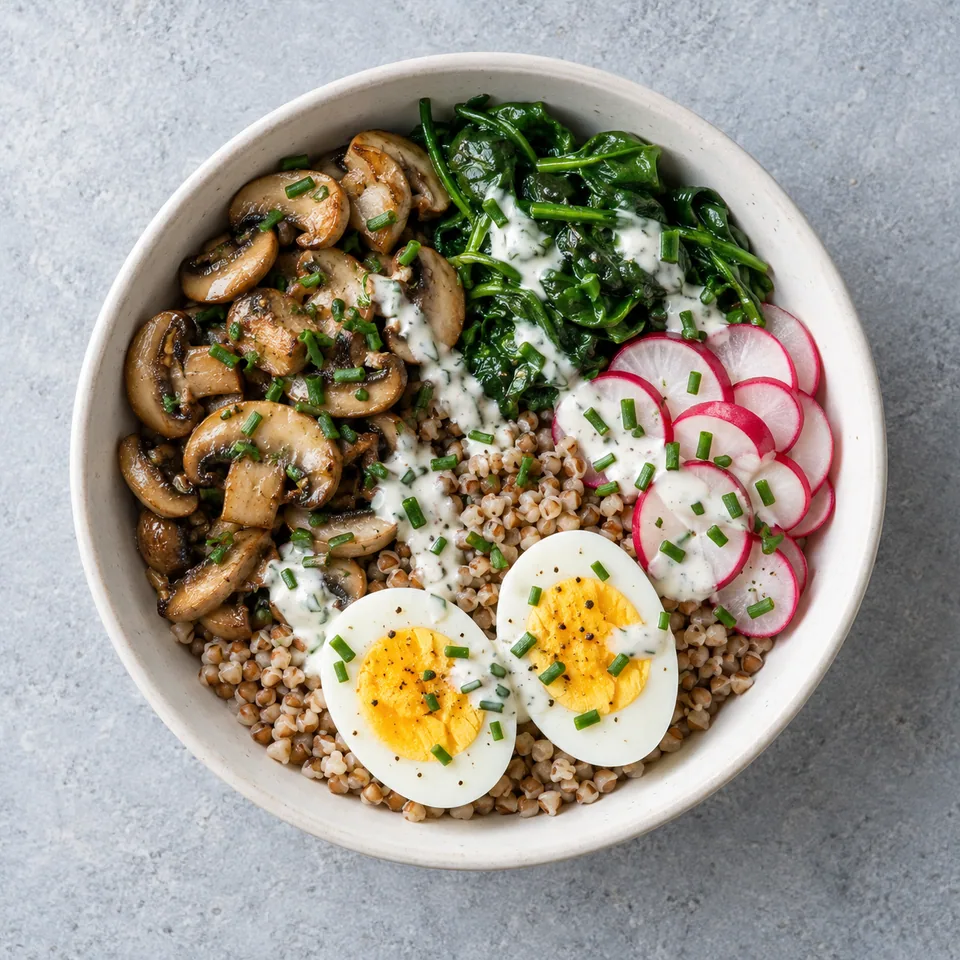 Bowl de sarrasin aux œufs et champignons, avec épinards, radis rouges et blancs, œufs durs en moitiés et sauce à la ciboulette.