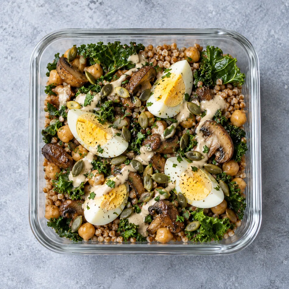 Bowl de sarrasin, champignons dorés, œuf et chou kale : portion dans un contenant en verre avec œufs durs et sauce.