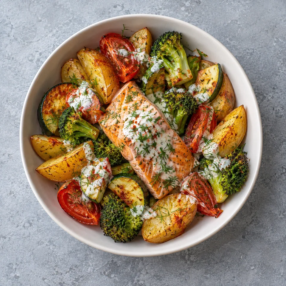 Bowl de saumon avec légumes rôtis colorés, sauce blanche citronnée et aneth ciselé.