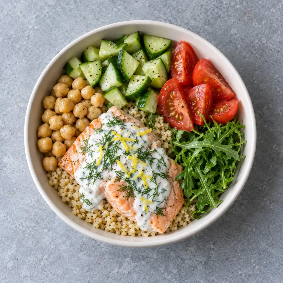 Bowl de saumon, boulgour et pois chiches, avec concombre, tomates, roquette et sauce blanche à l’aneth et au citron.