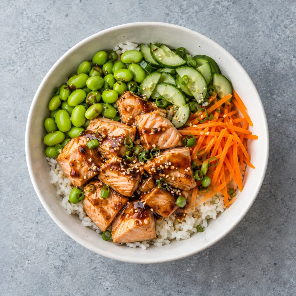 Bowl de saumon mariné : riz, saumon cuit, edamame, concombre et carotte, nappés de marinade soja-gingembre.