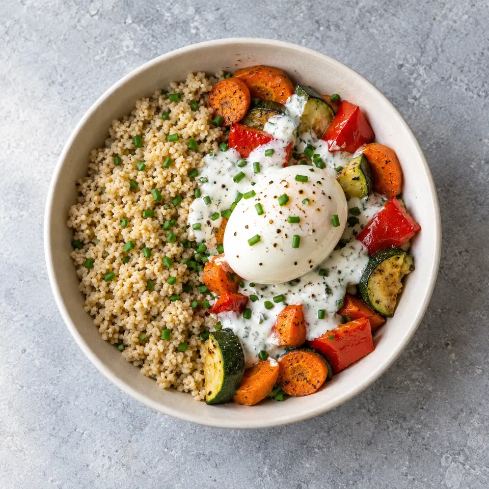 Bowl de semoule, œufs et légumes rôtis : semoule beige, légumes colorés, œuf dur et sauce blanche à la ciboulette.