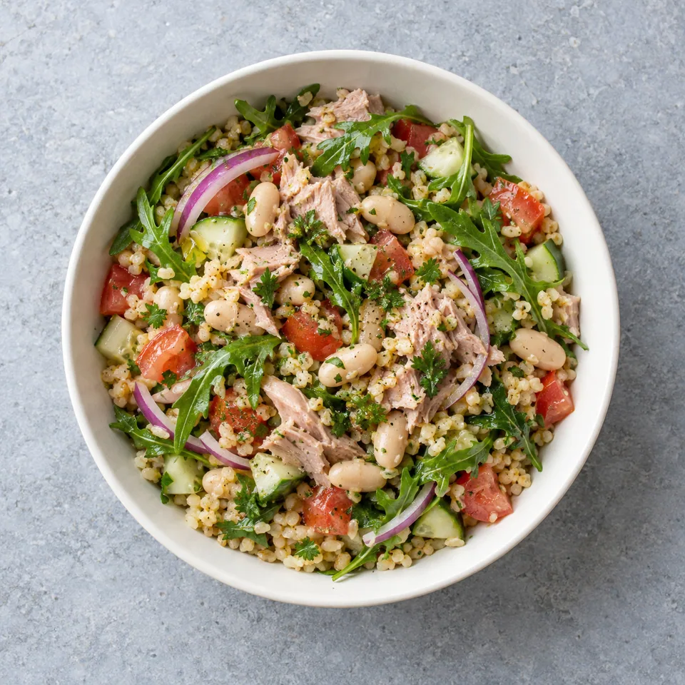 Bowl de thon et haricots blancs avec boulgour, tomates, concombre, roquette, oignon rouge et persil.