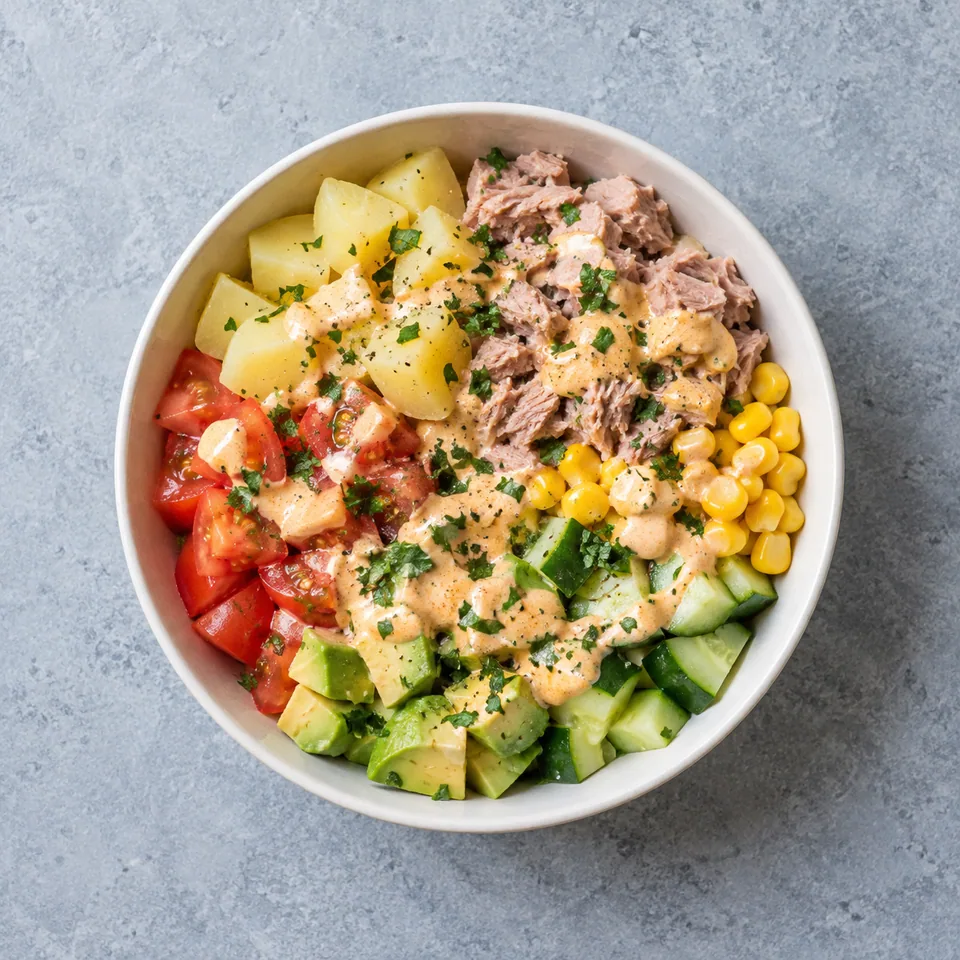 Bowl de thon, pommes de terre et avocat : dés de légumes, maïs jaune et thon, nappés de sauce crémeuse et parsemés de persil.