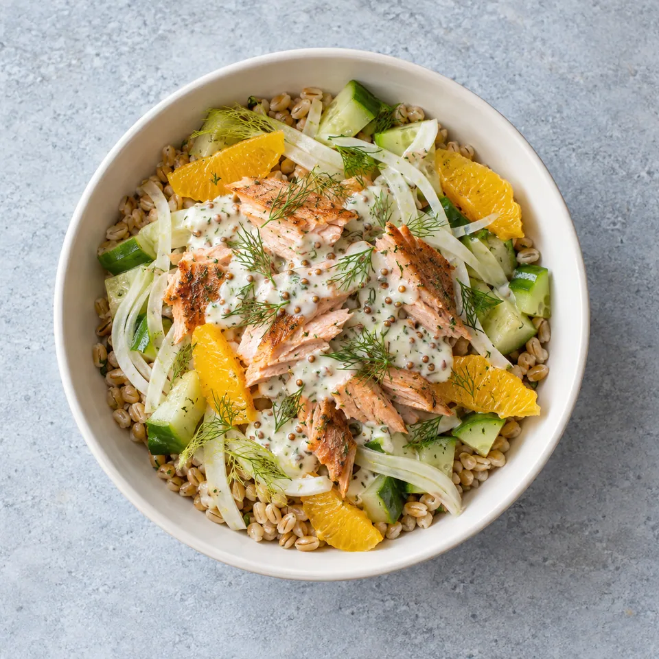 Bowl de truite au fenouil : blé, truite effeuillée, fenouil, concombre, orange et sauce blanche à l’aneth.