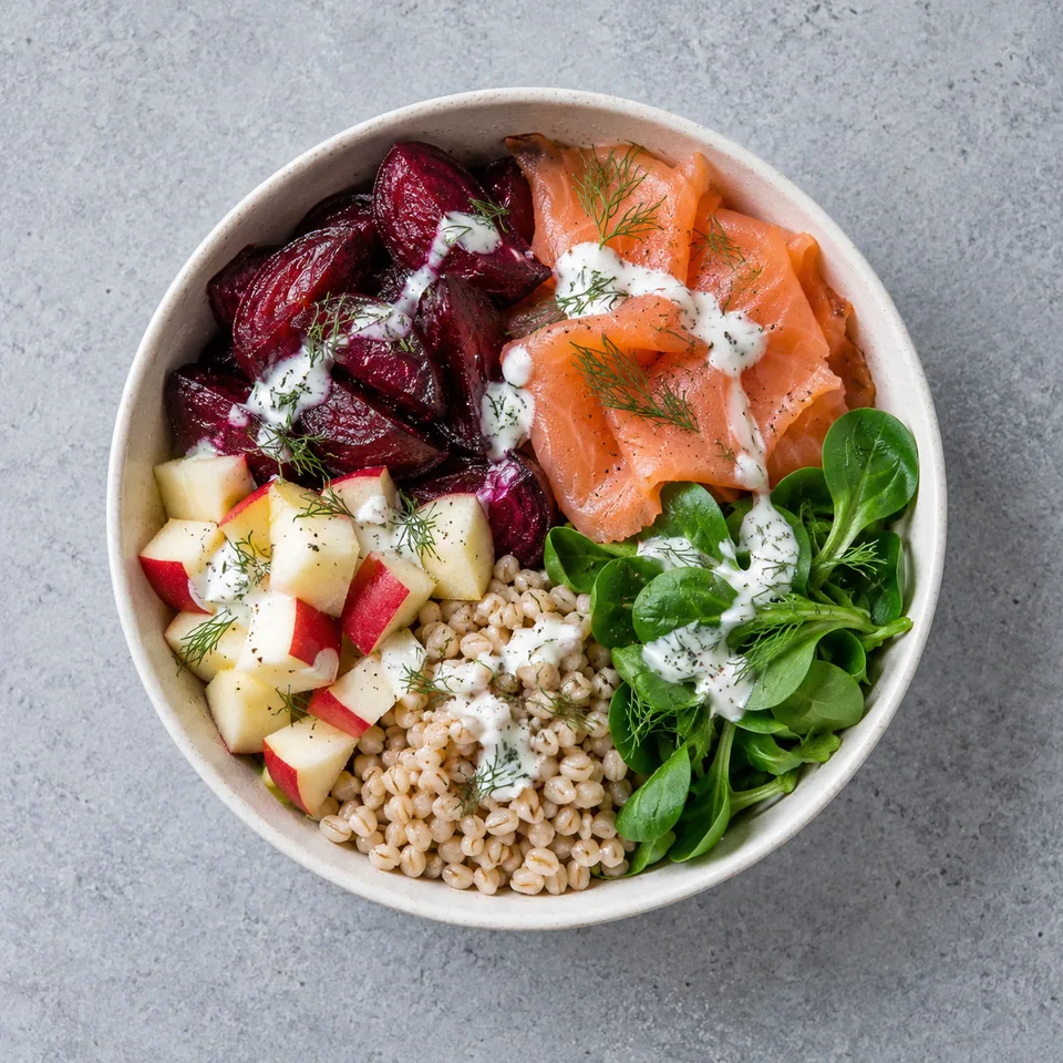 Bowl de truite fumée, betterave et orge : quartiers pourpres, mâche verte, pomme et truite rose, nappés de sauce blanche à l’aneth.