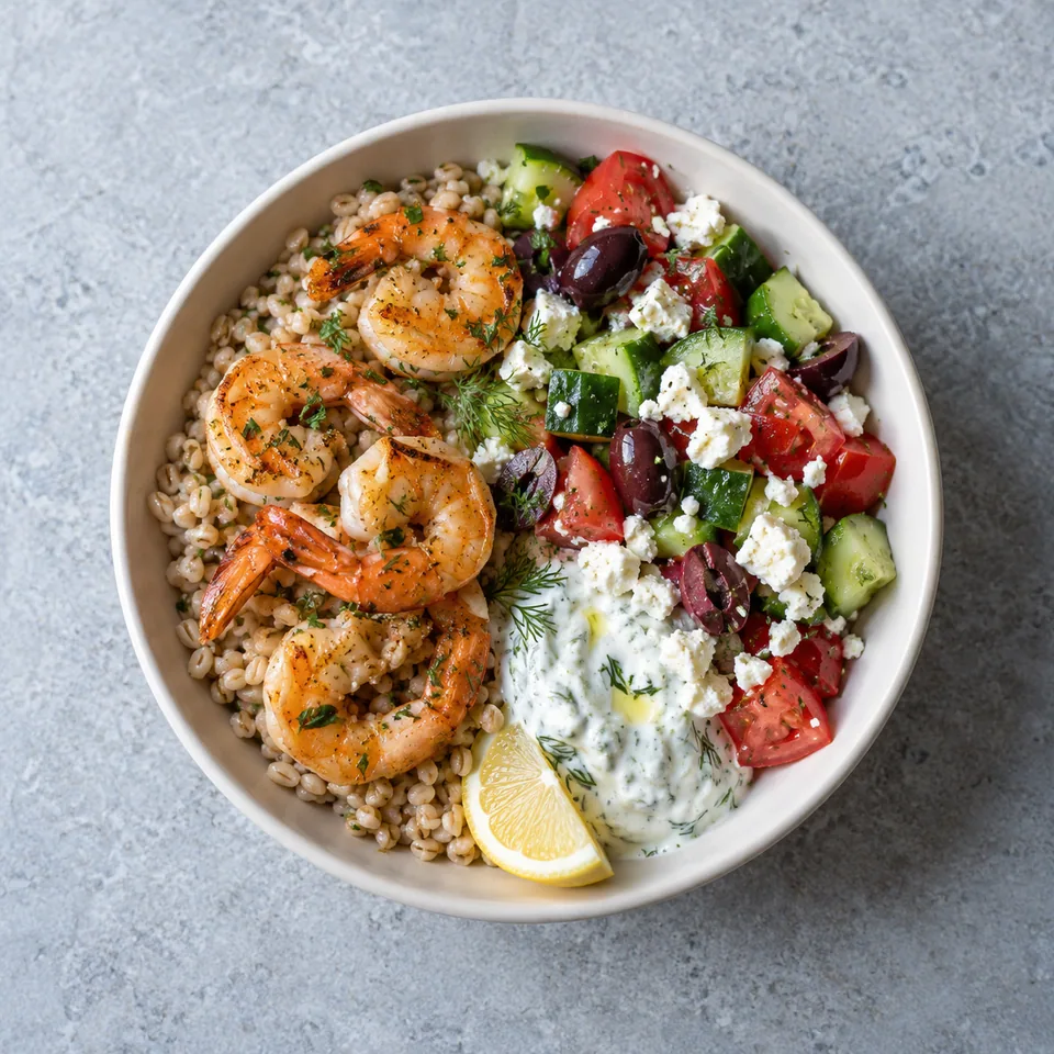 Bowl grec aux crevettes : orge, crevettes dorées, salade de concombre et tomates, feta, olives et sauce blanche à l’aneth.