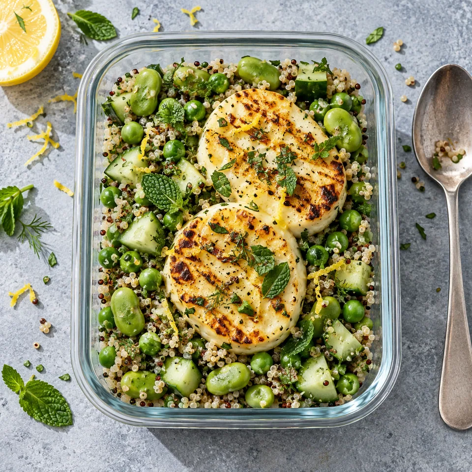 Bowl grec de légumes verts et mozzarella grillée dans une boîte en verre : quinoa, légumes verts, concombre et tranches de mozzarella dorées.