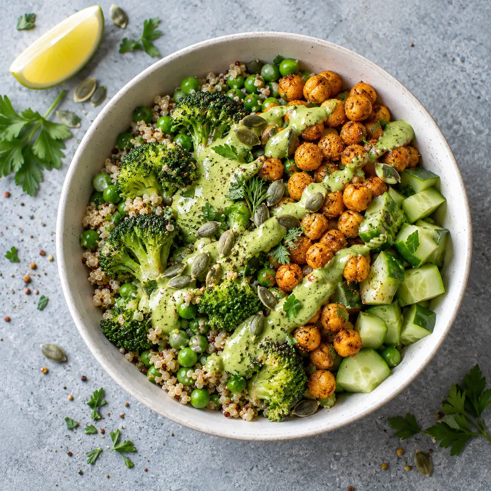Bowl green goddess au quinoa, pois chiches dorés, brocoli et sauce verte onctueuse dans un bol blanc cassé.