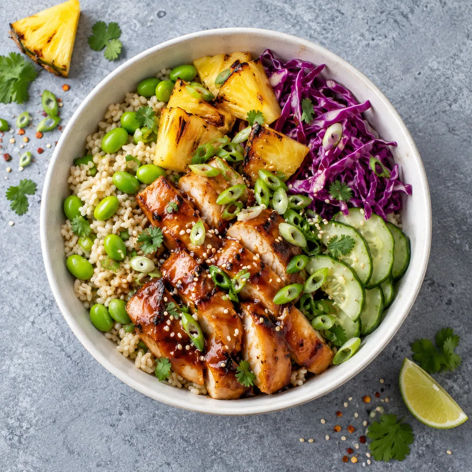 Bowl hawaïen au poulet huli-hili et ananas grillé : riz, edamame, poulet laqué, ananas doré, chou rouge et concombre dans un bol blanc.