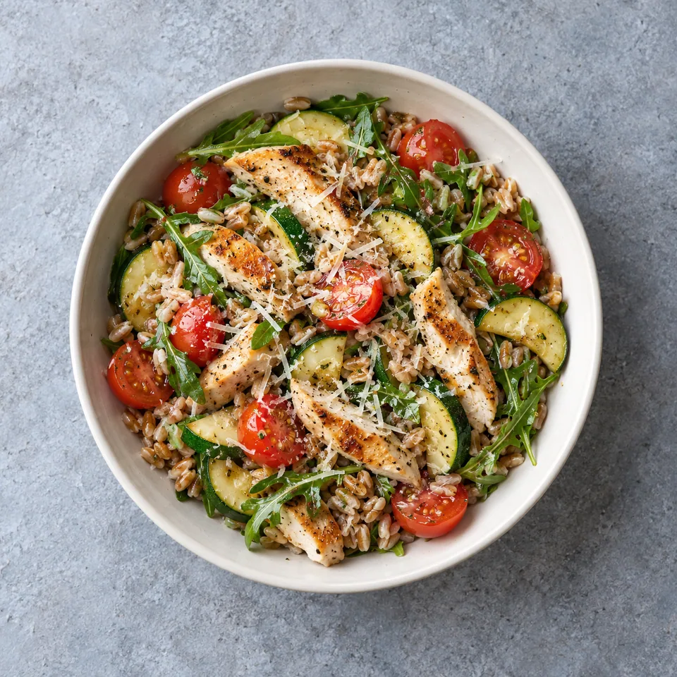 Bowl italien au poulet : épeautre, lamelles dorées, tomates rouges, courgette et roquette, parsemés de parmesan râpé.