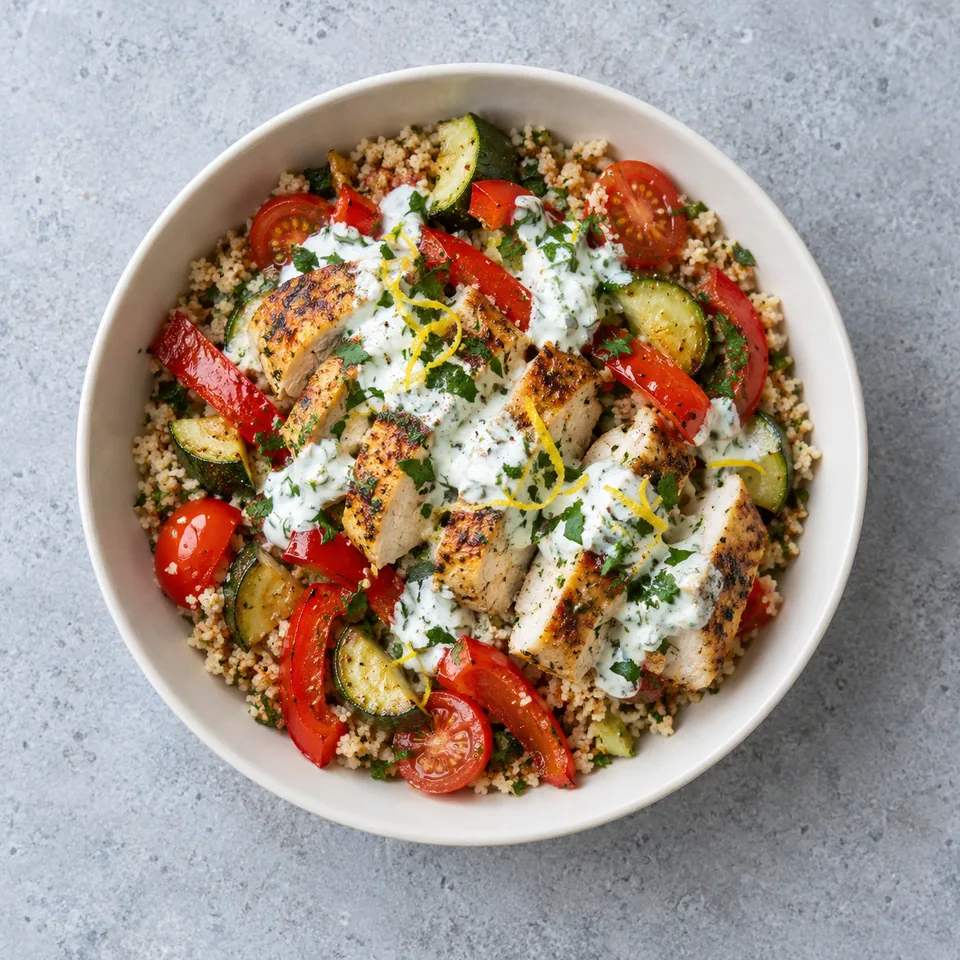 Bowl méditerranéen au poulet : semoule, tomates cerises, poulet doré, courgette et poivron, sauce au yaourt persillée.