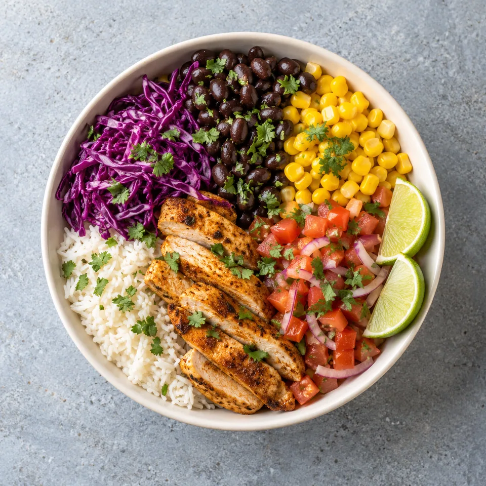 Bowl mexicain au poulet et chou, avec riz, poulet en lamelles, chou rouge, haricots noirs, maïs et salsa colorée.