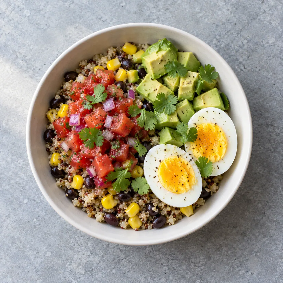 Bowl mexicain au quinoa et œufs : quinoa, haricots noirs, maïs, salsa de tomates, avocat et demi-œuf dur.